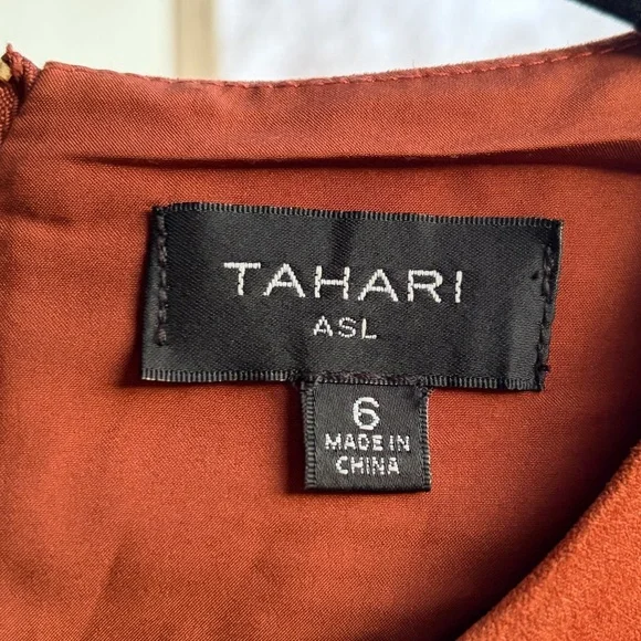 🆕✨ Tahari ASL Walnut Brown Faux Suede Sheath Dress Size 6 Gold Tie Career Midi - Picture 14 of 17